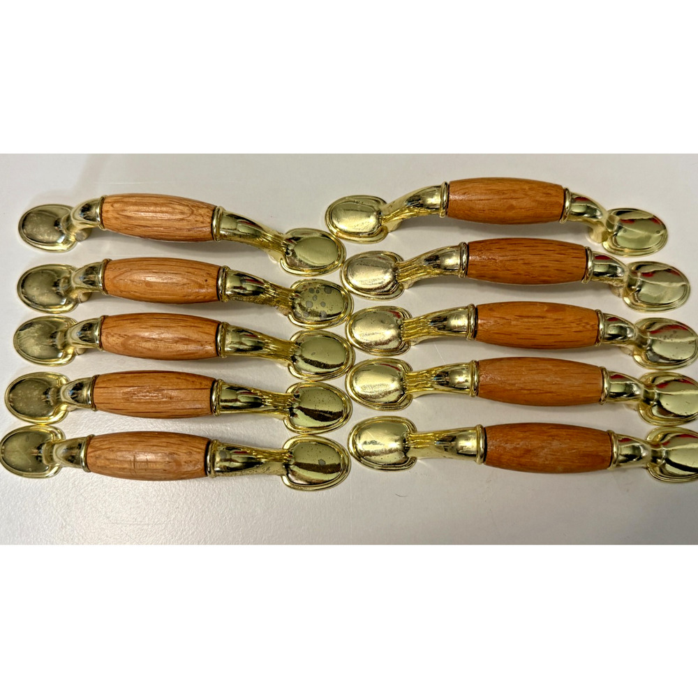 Vintage Brass Wood Cabinet Drawer Pulls Set of 10 Hardware 3" Centers